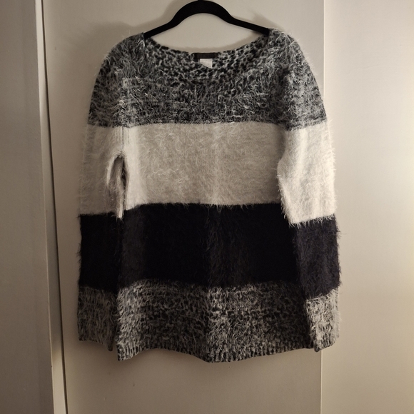 VENUS Women's Fuzzy Striped Sweater - Black, Gray, and White - Picture 1 of 7